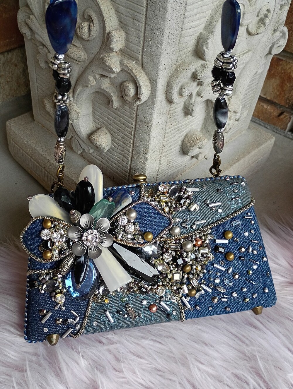 Mary Frances Premium Denim Beaded Blue Jean Floral Bag